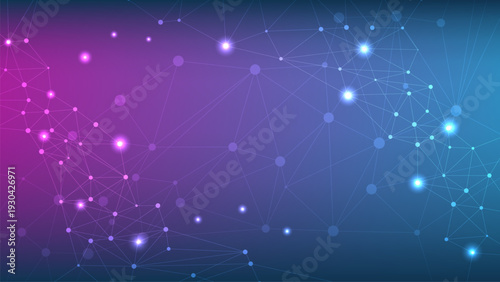 Abstract digital network background with purple and blue gradient, featuring interconnected lines and glowing nodes
