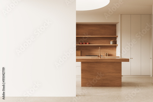 Modern kitchen interior with wooden design and blank white wall for poster mockup or branding display in minimalist home layout concept. 3D Rendering