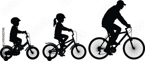 Family cycling silhouettes with father and children riding bicycles, isolated on white background, active lifestyle, outdoor recreation and eco friendly transportation concept