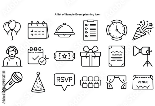 Set of black line for event planning balloons calendar