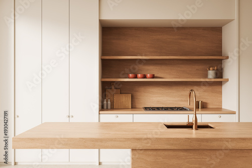 Minimalist modern kitchen interior with wooden textures, open shelving, and neutral cabinetry in warm tones, showcasing sleek contemporary design concept. 3D Rendering
