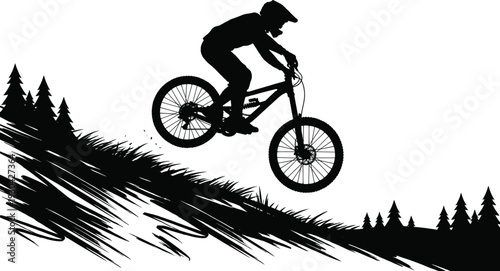 Mountain bike silhouette jumping downhill on forest trail, extreme sport action scene with cyclist in mid air, isolated black vector illustration on white background