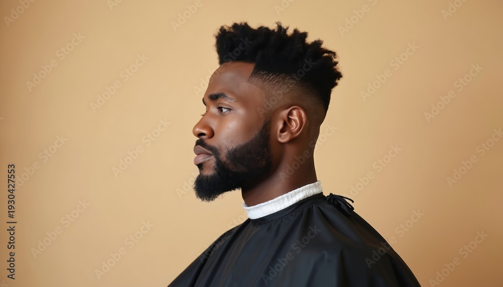 Obraz premium Black man with stylish high top fade haircut and beard wears barber cape. He has a relaxed look in a modern, upscale barber shop, ready for grooming. Male beauty and fashion.