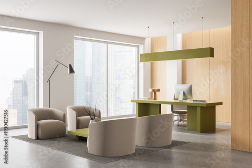 Bilde på lerret Modern office interior with minimalist furniture and soft seating in a bright contemporary workspace featuring clean lines and natural light
