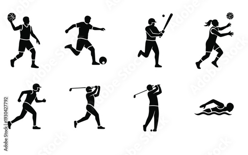 Collection of eight black silhouette sports icons on white background