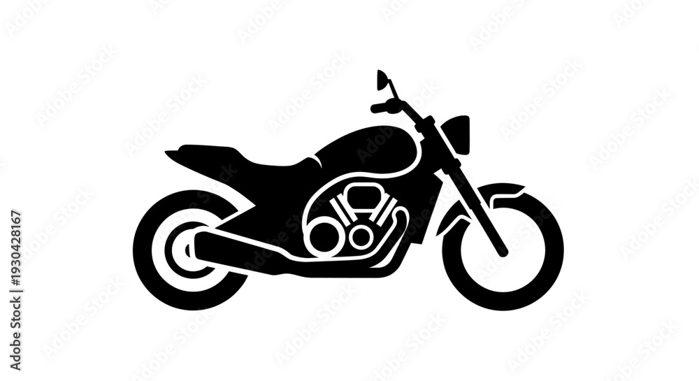 Naklejka premium Black motorcycle silhouette vector icon for transport, travel, ride, and leisure. Isolated classic bike symbol on white background.