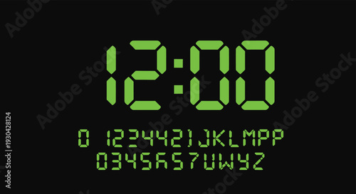 Digital alarm clock face displays 12:00 in glowing green neon segments with a full set of alphanumeric characters for customization.