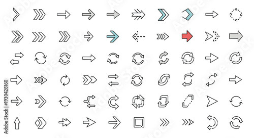 Vast array of colorful arrow icons displays various shapes and styles for navigational guides in user interfaces and graphic designs.