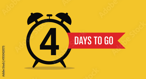 Black alarm clock silhouette displays the number four with a red banner stating four days to go for event countdowns or promotions.