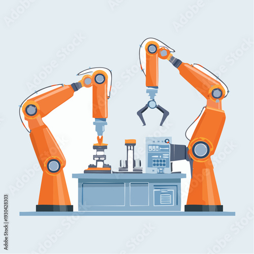Industrial robotic arms working together on a laboratory workbench with various equipment and tools in a manufacturing setting, viewed from the front