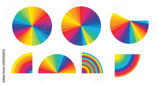 Set of circular and semi-circular segments displays a spectrum of rainbow colors for color theory studies or vibrant graphic design.