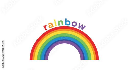 Colorful semi-circular rainbow features the word rainbow written in multiple hues above it as a cheerful design for kids or nature.