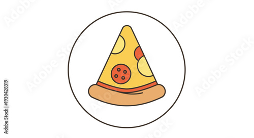 Vector illustration of a delicious pizza slice with pepperoni and cheese in a circular frame. Classic Italian fast food icon.