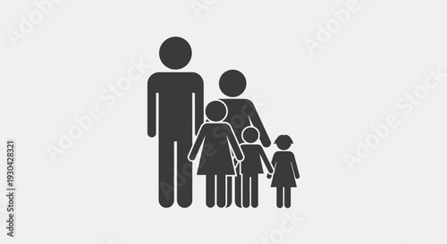 Stick figure family icon illustration showing parents and three daughters, representing a large family unit and togetherness.