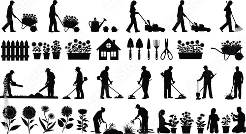Gardening silhouettes set with gardeners tools plants and landscaping activities isolated on white background collection