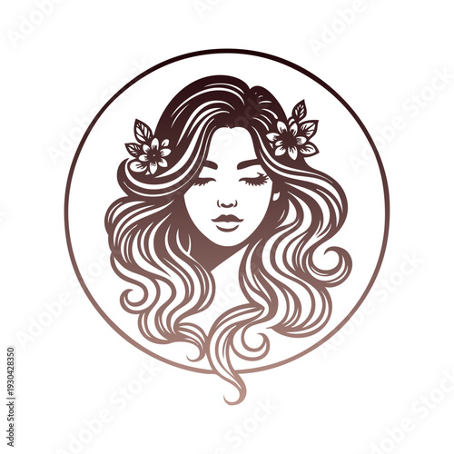 Logotipo de salón de belleza. Dibujo con cara de mujer con peinado con ondas decorado con flores en el interior de un círculo 
