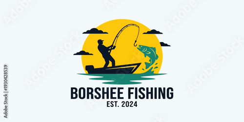 Silhouette of a fisherman in a boat with a jumping fish design