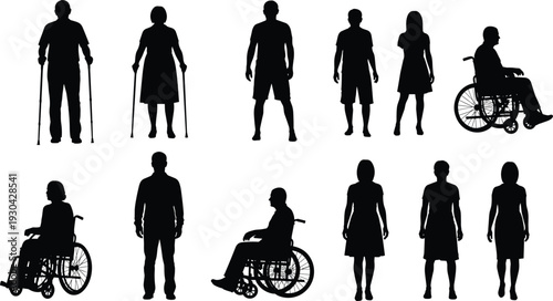 People silhouettes including wheelchair users and walking with crutches isolated on white background inclusive diversity concept