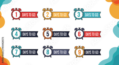 Collection of colorful alarm clock icons with banners showing a countdown from one to nine days to go for event promotion or deadlines.