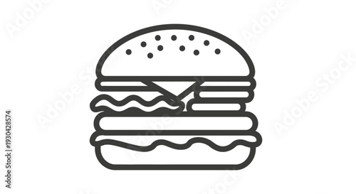 Hamburger line art icon. Simple outline vector graphic of a classic burger with bun, patty, cheese, and fresh vegetables. Fast food symbol.