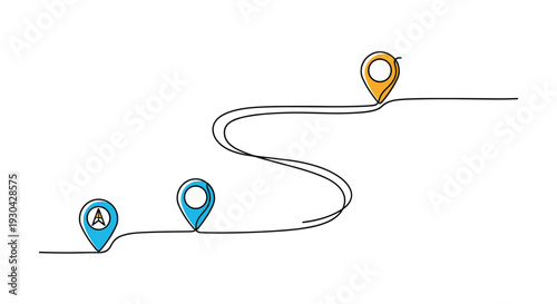 Winding path with three location pins in blue and orange colors is depicted in a continuous line drawing style on a clean white background.