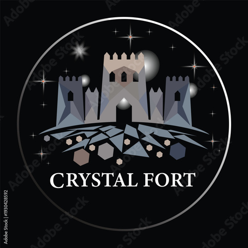 Geometric Crystal Fort Logo with Starry Night Background in Circular Frame.