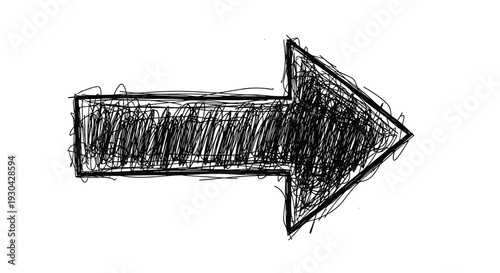 Scribbled black arrow pointing to the right direction is hand drawn with messy ink lines on a white isolated background for creative design.
