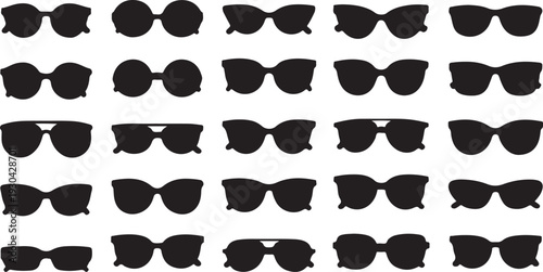 Sunglasses icon set. Black glasses optic frames silhouette. Sun lens ocular with plastic rims. Vector illustration stylish isolated objects on white