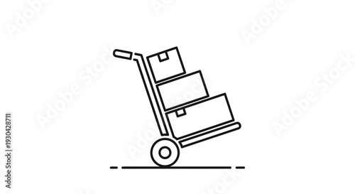 Simple black line drawing of a warehouse hand truck or trolley loaded with three cardboard boxes for shipping and delivery concepts.