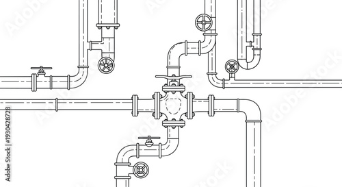 Technical drawing of an intricate industrial piping system with various valves, flanges, and connections shown on a plain white background.