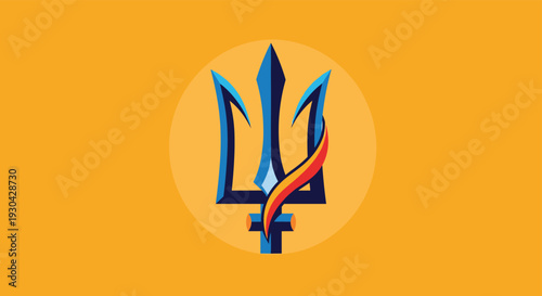 Stylized blue trident emblem decorated with a colorful ribbon is centered on a solid orange background for a bold and energetic design.