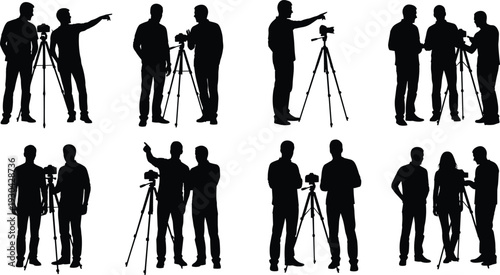 Videographer team silhouettes with camera on tripod filming isolated on white background media production concept
