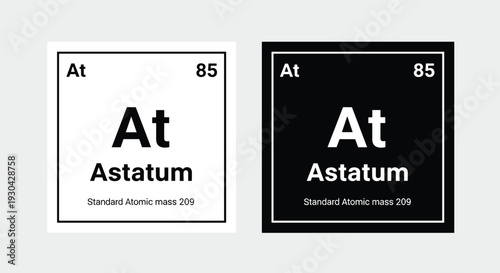 Periodic table element tiles for Astatum with atomic number eighty-five and mass two hundred nine shown in both black and white versions.
