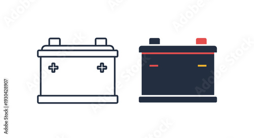 Car battery icons shown in both a simple black outline and a solid dark blue version with red and yellow accents for automotive and power concepts.