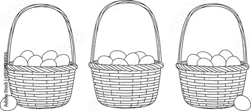 Three woven baskets filled with colorful easter eggs