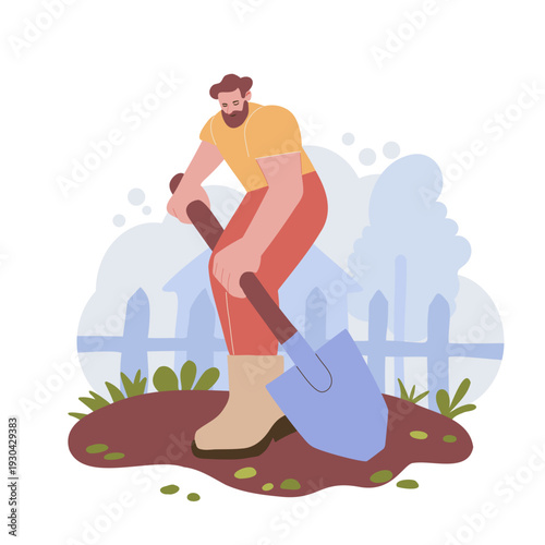 Man Digging with Shovel. Gardening Flat Vector