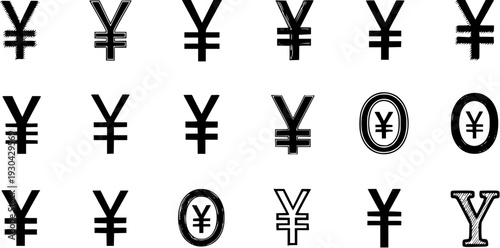 Yen and Yuan Currency Symbols Set. Collection of Japanese and Chinese Money Signs in Various Styles, Textures, Solid, Outlined, and Hand-Drawn Designs.