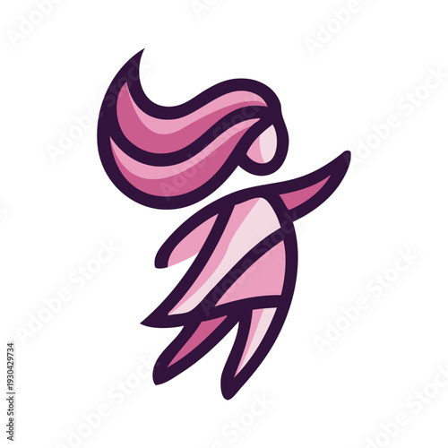 Logotipo de boutique de moda femenina. Dibujo abstracto con líneas de una chica joven de pie con un vestido color violeta, vista de perfil 