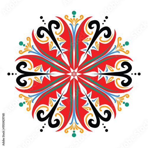 Vibrant circular mandala in traditional Rickshaw Art style. Symmetrical folk art vector with red, blue, and yellow motifs. Ideal for Pohela Boishakh and cultural festival decor. Rickshaw Art Mandala .