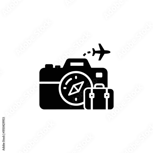 Black Travel Icon with Camera, Compass, Luggage, and Airplane