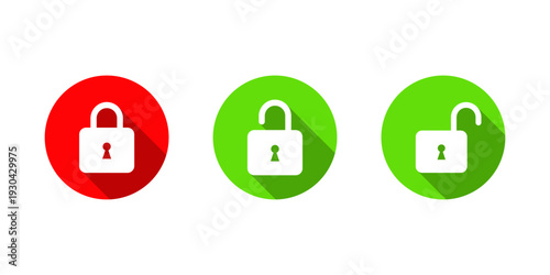 Close and open padlock icon with long shadow. Lock and unlock symbol. Data protection security sign