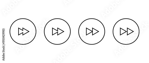Fast forward outline icon set in circular line. Next track player button. Double arrow right navigation symbol