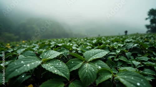 Lush Green Leaves with Water Drops in Misty Landscape Background