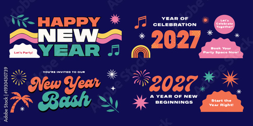 New Year 2027 Party Graphics | Festive Celebration Templates, Colorful Event Designs, Modern Holiday Invitation & Promo Art