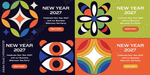 New Year 2027 Afternoon Tea Party | Modern Geometric Event Templates, Colorful Celebration Graphics, Festive Business Gathering Designs