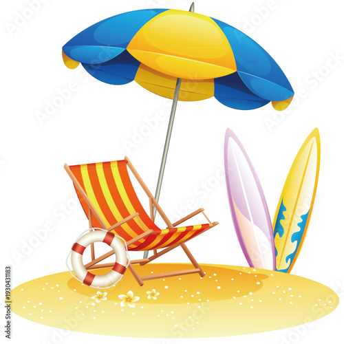 A vibrant beach scene featuring a deckchair, surfboards, and umbrella on sandy shores with a clear view.
