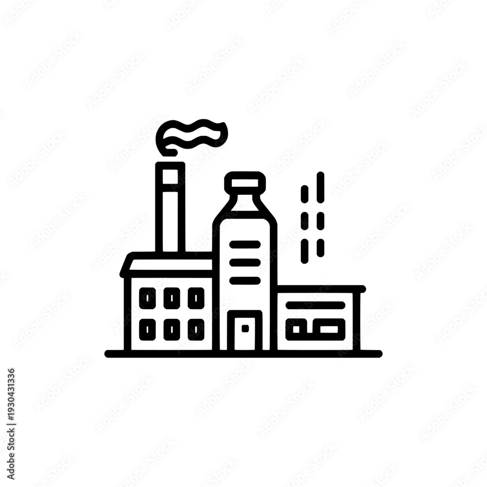 Obraz premium Dairy processing factory with milk bottle icon. Food industry sign and symbol. Production plant outline design. Vector illustration isolated on white background.