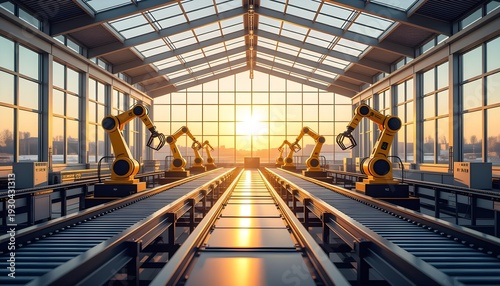 3d rendering industrial robot arm working on factory conveyor belt at sunset