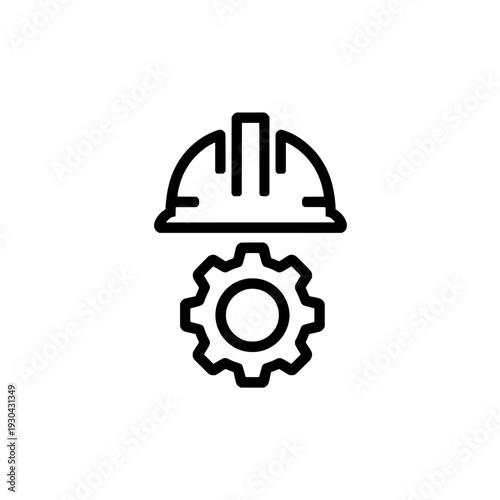 Factory worker with helmet and gear icon. Industrial safety and construction symbol. Engineering labor sign. Vector illustration isolated on white background.
