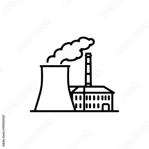Power plant factory with cooling towers icon. Industrial energy sign and symbol. Thin line outline style. Vector illustration isolated on white background.